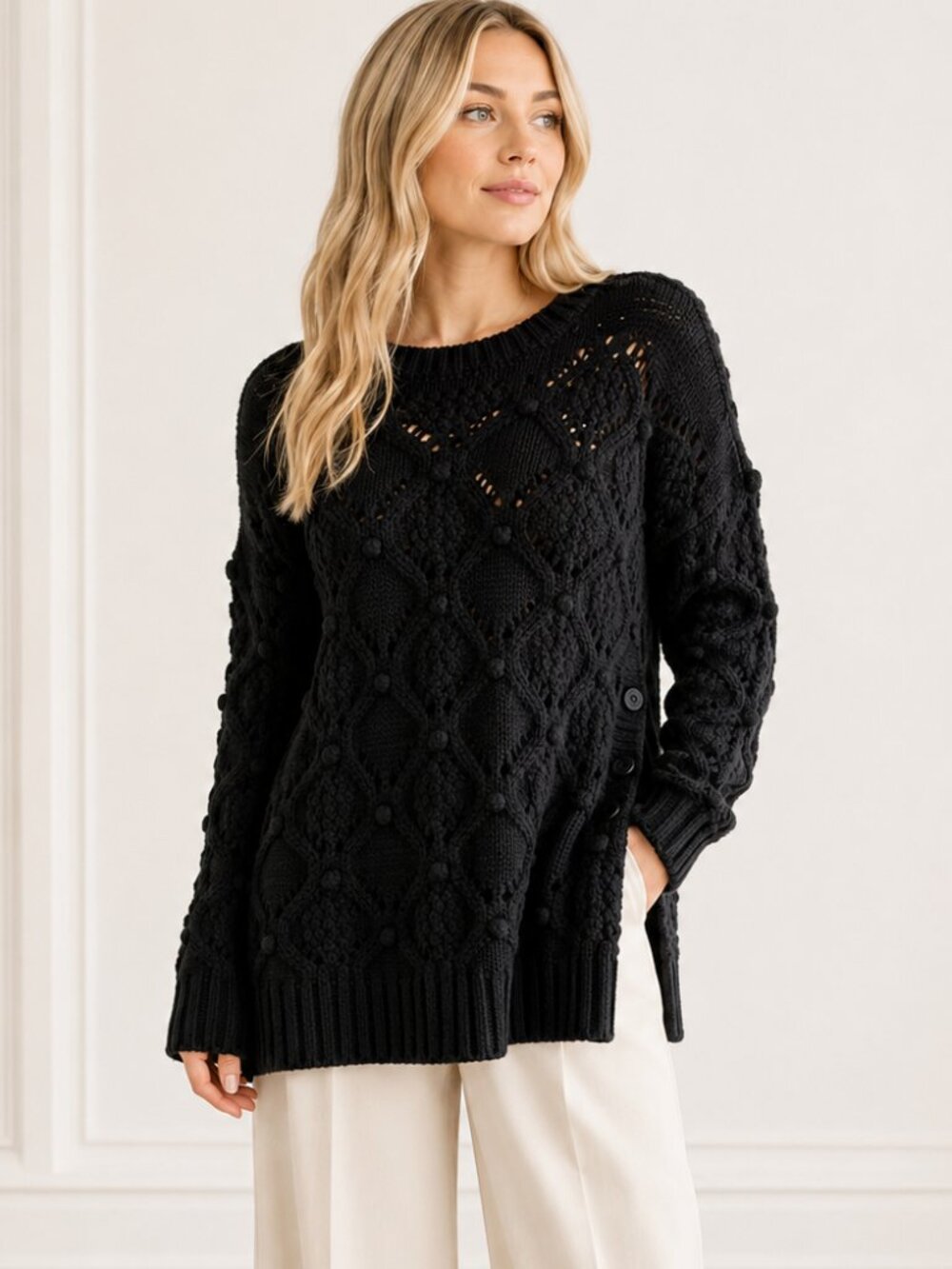 Zara Black Chunky Cable Knit Bobble Sweater Oversized Crewneck Textured Fall S